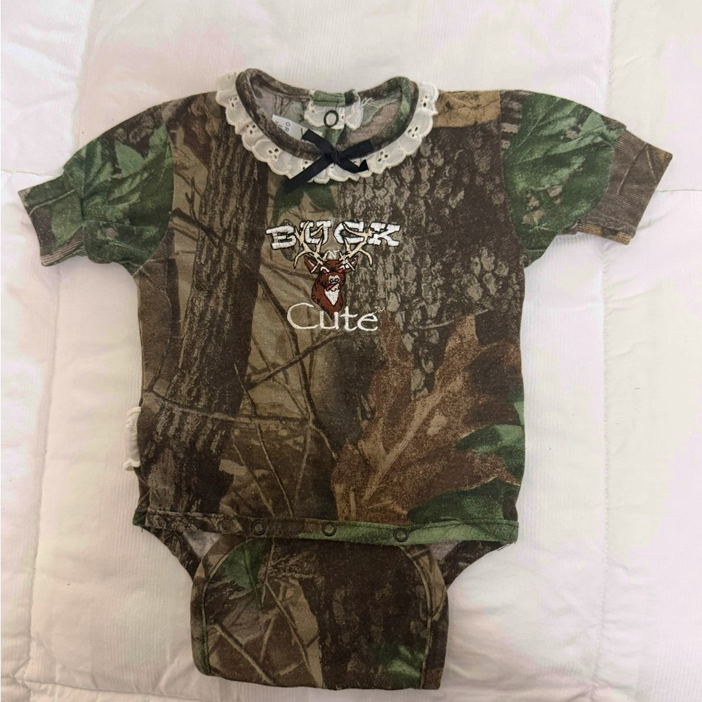 Infant Camo Onesie with buck and ruffles size 3 to 6 months